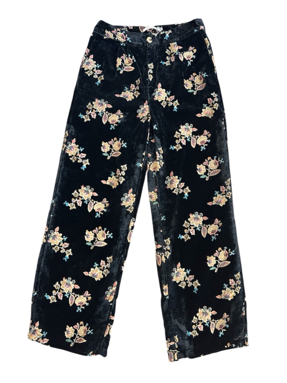 Anthropologie Black Velvet Wide-Leg Pants with Pastel Floral Print